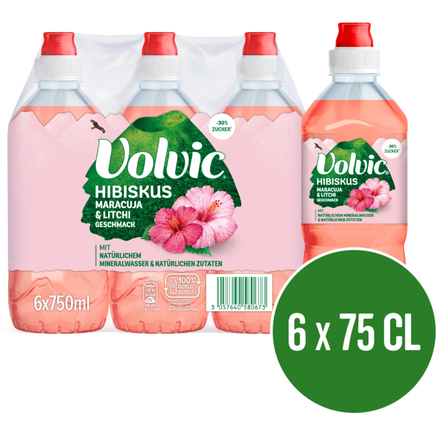 Volvic Hibiskus mit Maracuja- und Litschi Geschmack 6x75cl -450cl