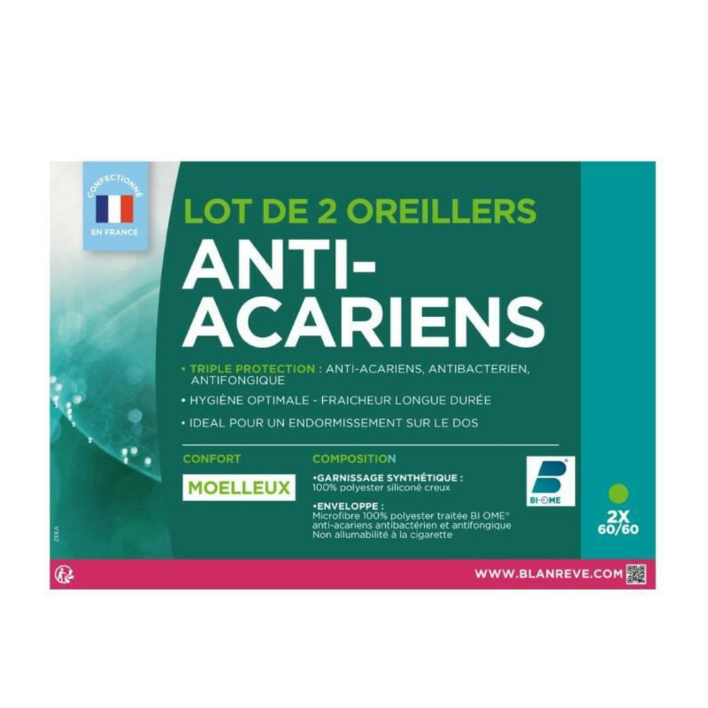 Lot de 2 oreillers triple protection - 60 x 60 cm - blanc
