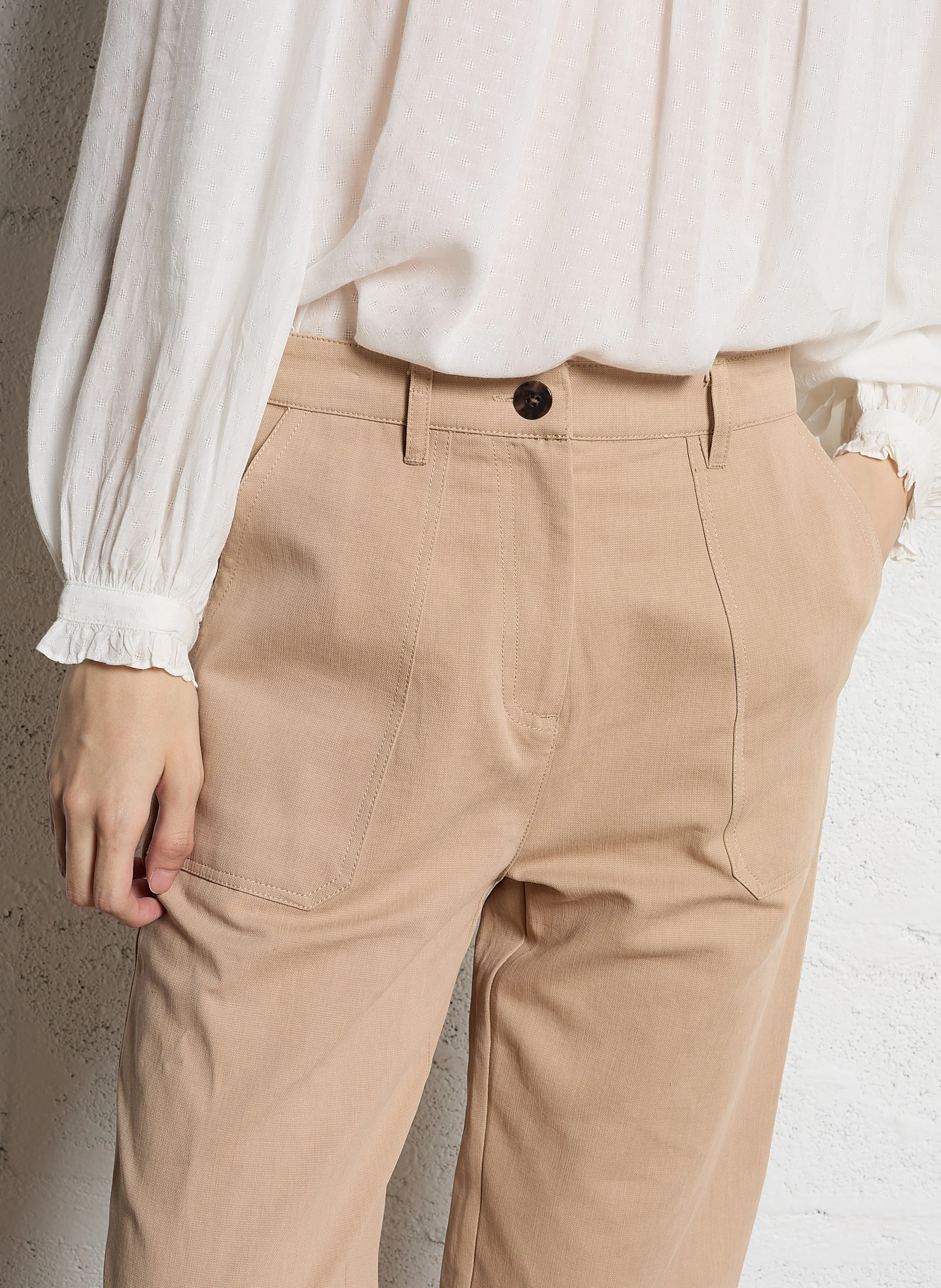RYLESA - Pantalon droit en coton mélangé| Marron