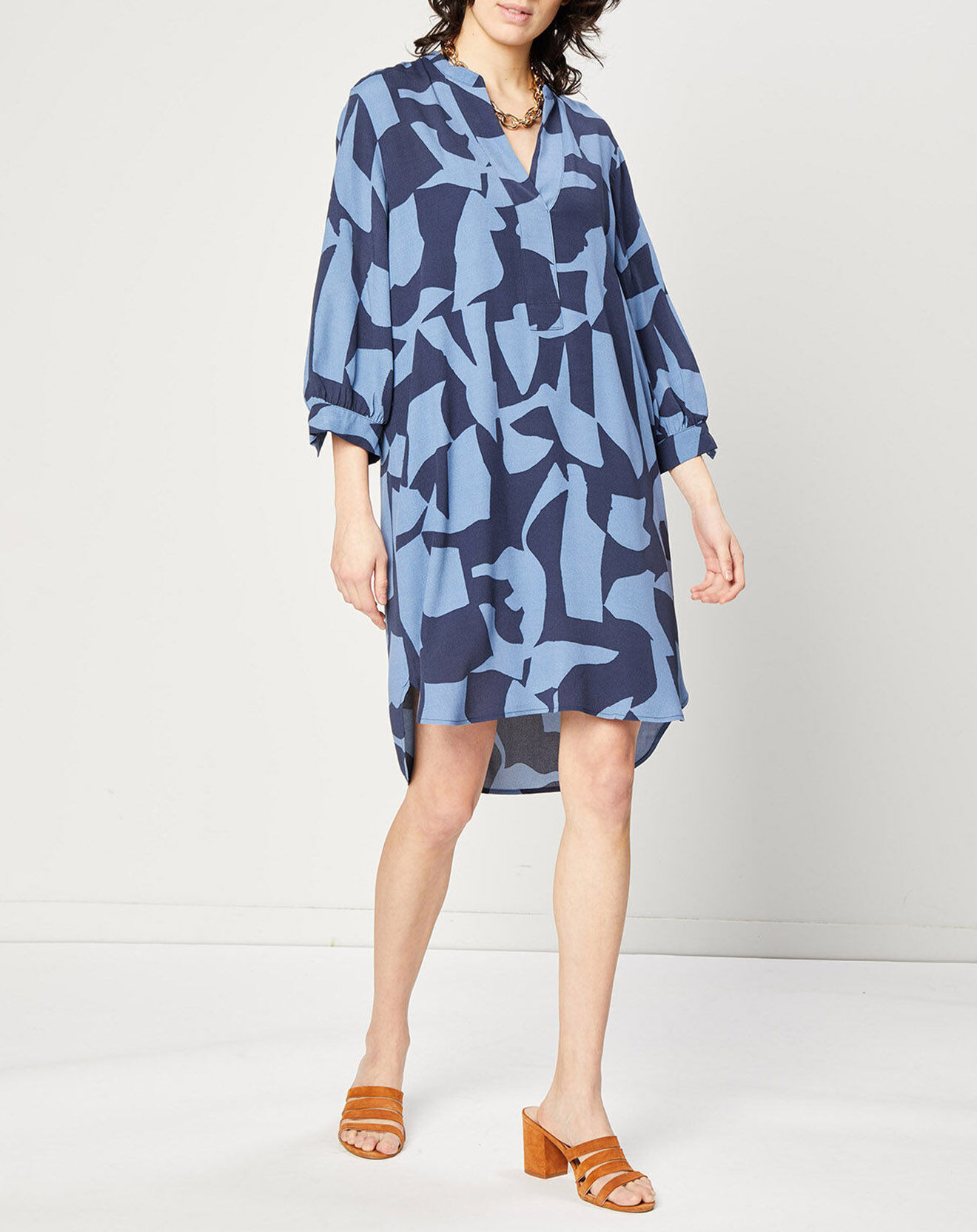 Esprit Robe caftan manches longues Col V bleu/nuit