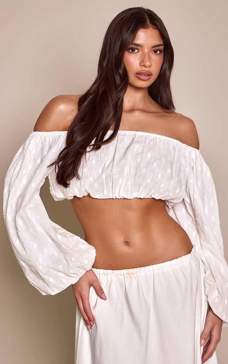 Blanc Haut Bandeau À Manches Bouffantes En Coton Gaufré À Pois