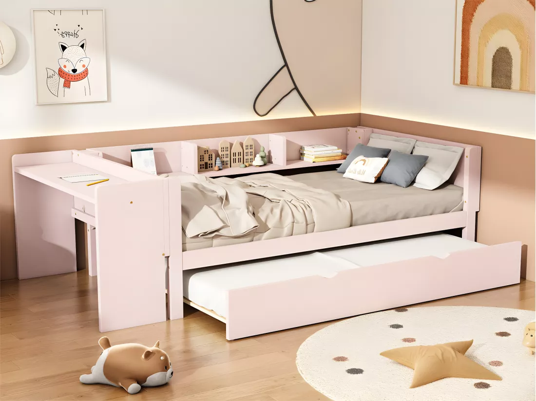 Lit simple 90x200 cm avec un lit gigogne - avec bureau à côté - Rose