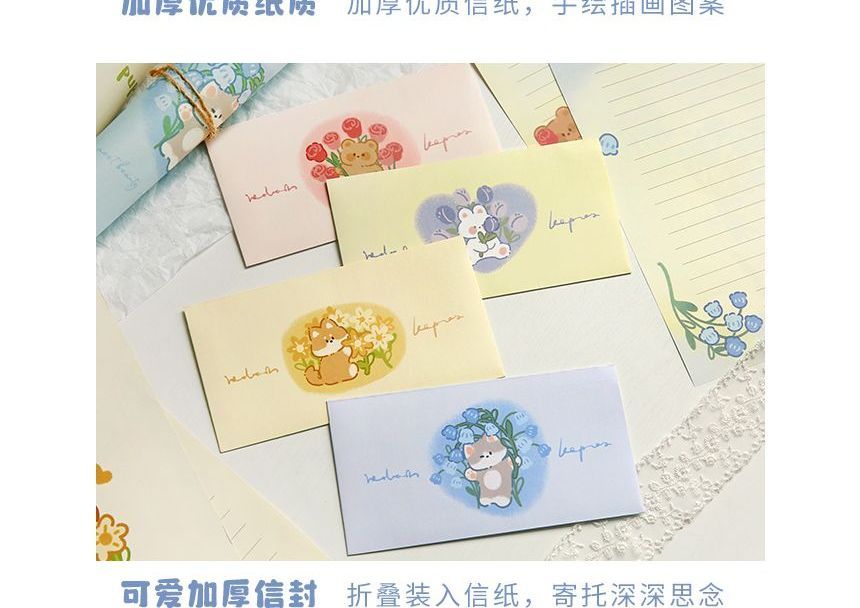 Schattige essentials - Set: Cartoon Print Envelop + Briefpapier + Bladwijzer + Sticker (verschillende ontwerpen)