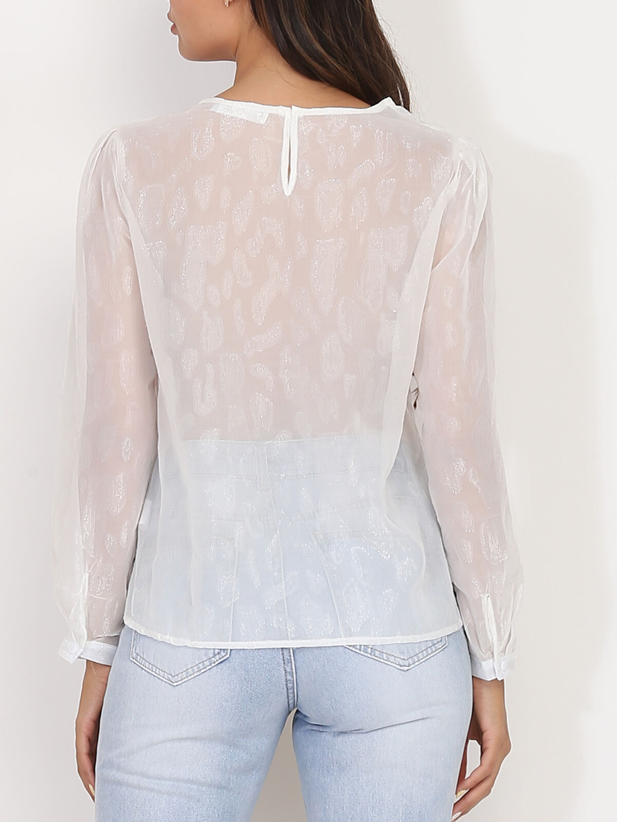 Blouse transparente scintillante à volants- Blanc
