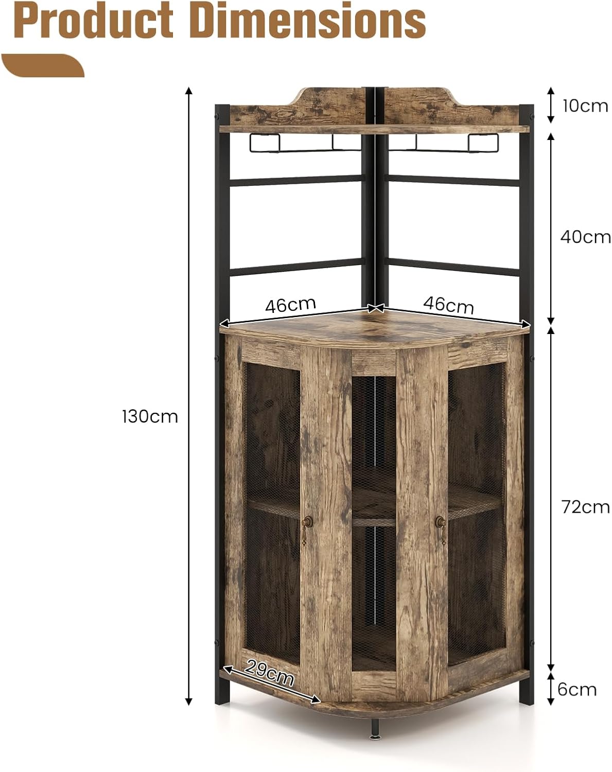 GIANTEX Weinschrank Eckschrank Industrial, Barschrank mit Glashalter, Weinbarschrank mit verstellbarem Regal, Küche Hausbar mit Metallgittertüren, Küchenschrank mit Kippschutz, 46 x 46 x 130 cm