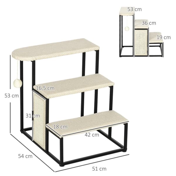 Pet Stairs 3-Trinns Kattetrapper Hundetrapper Med Skrapebrett Og Hengende Lekeball Dyretrapper Stål Sisal Creme White + Black 51X54X53Cm
