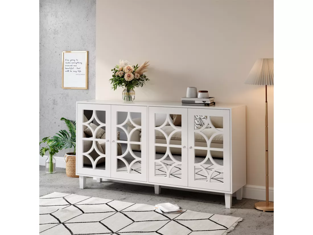 Buffet 160x40x85cm - avec 4 portes, poignées en cristal froid, stratifié mobile - pour salon et salle à manger - Blanc
