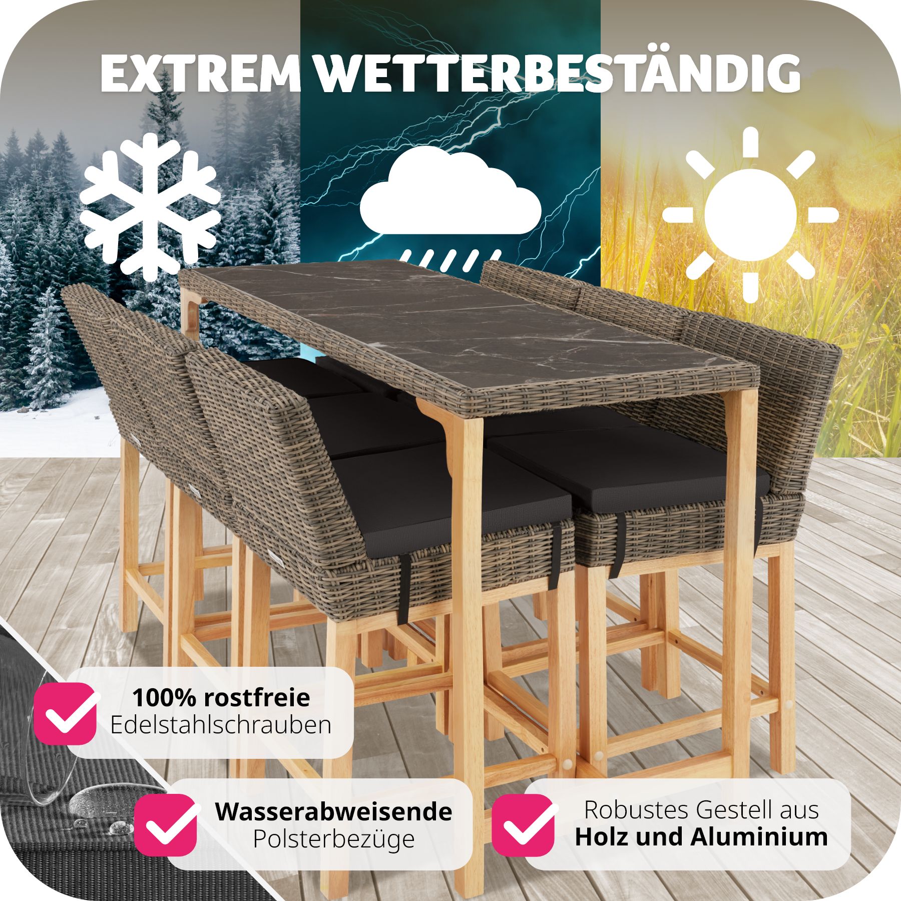 tectake® Rattan Tisch Lovas mit 6 Stühlen Latina, mit Aluminiumgestellen, wetterfest und UV-beständig, Beine aus Holz