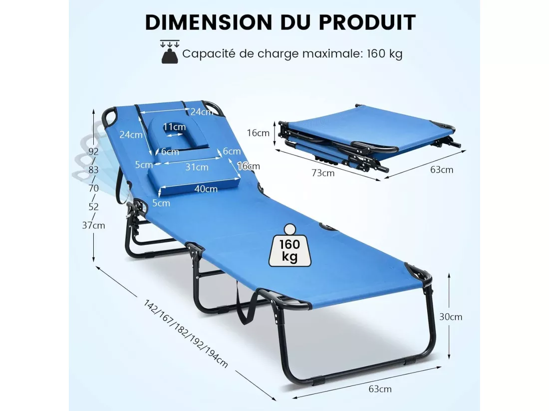 Chaise Longue Pliante Réglable à 5 Positions avec Trou pour Visage, Bain de Soleil en Tissu et velours Oxford 3 Coussins Amovibles Charge 160KG, pour Piscine Plage Cour CamBoisg (Bleu)