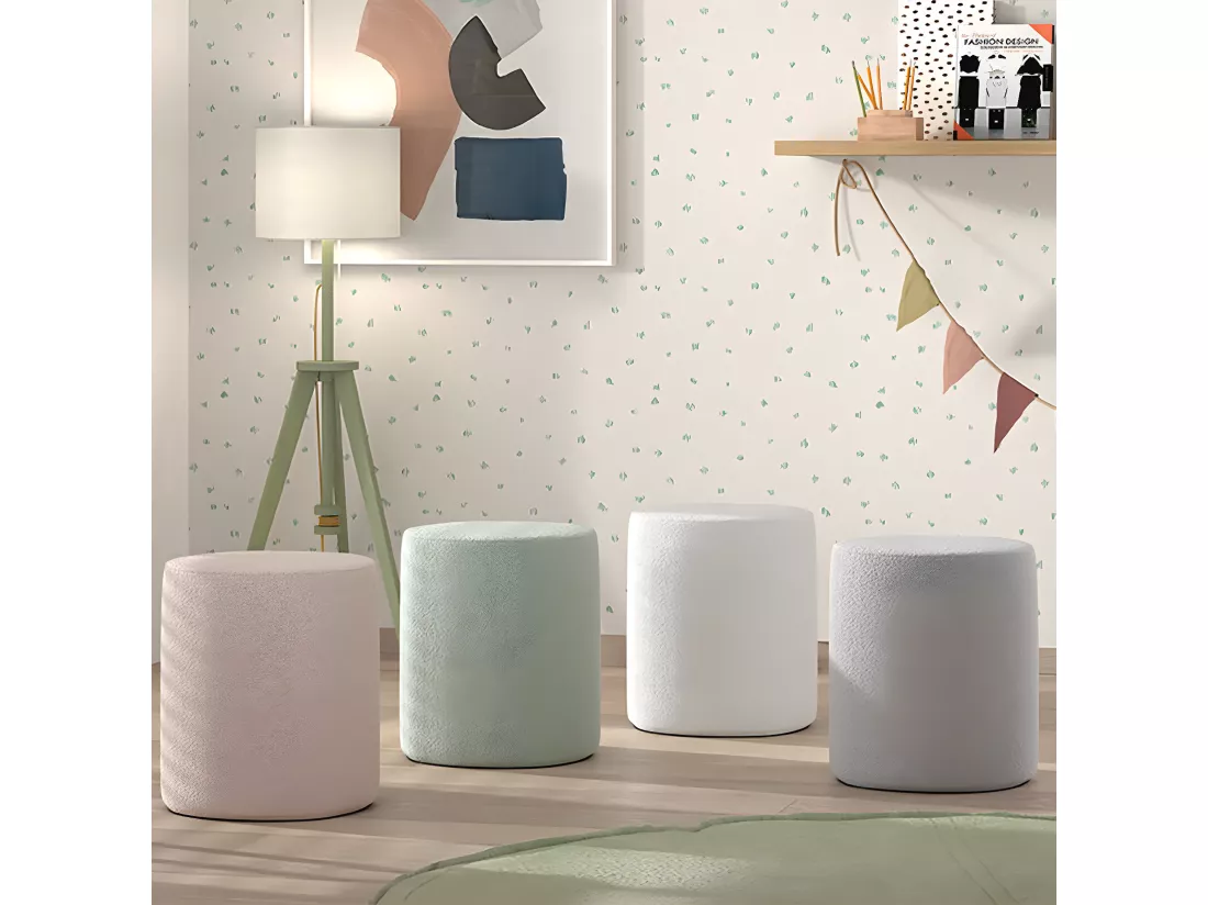 CONNIE - Pouf Rond 41cm Tissu Bouclé Gris