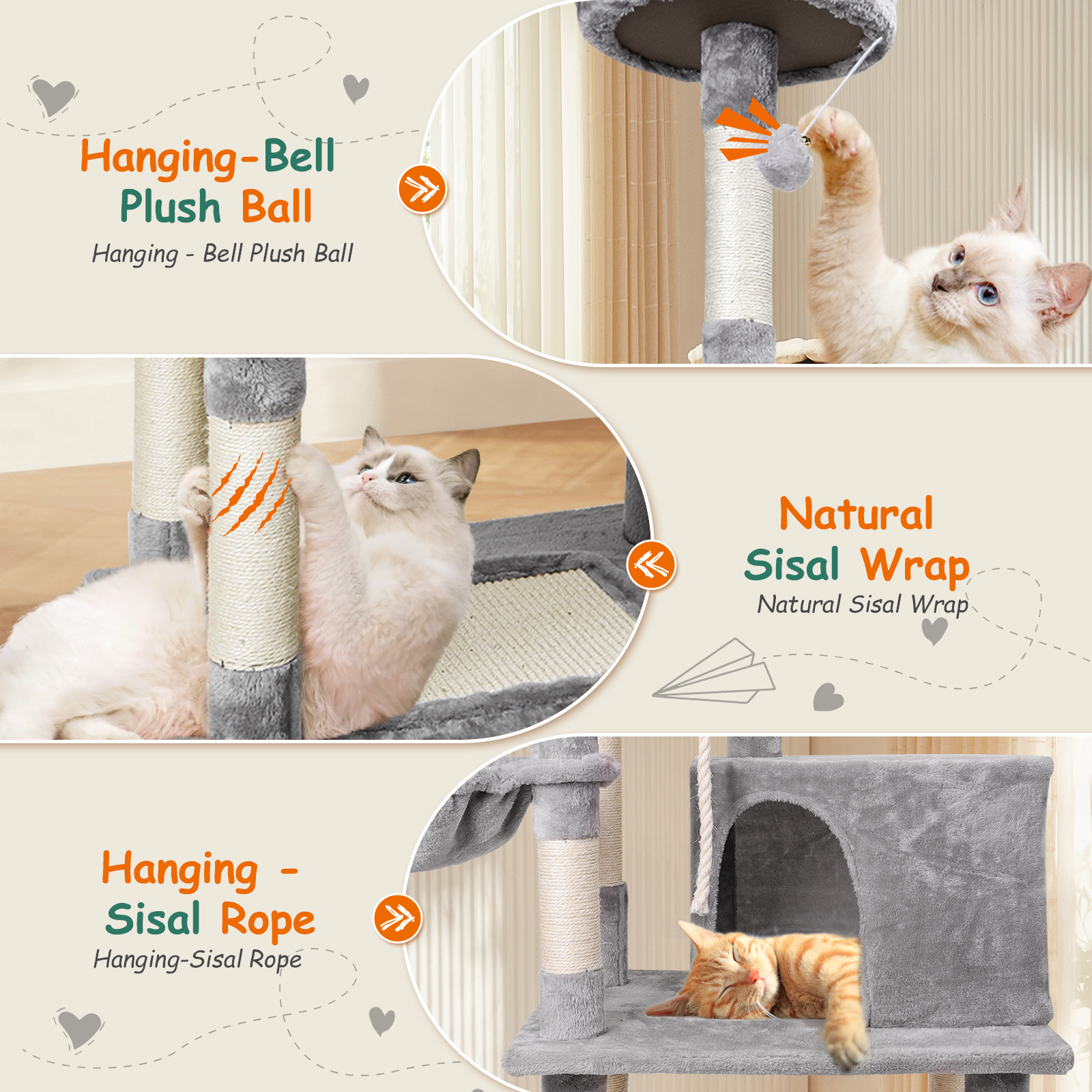 Arranhador para Gatos Nobleza, 148 cm de altura, vários níveis, ideal para gatos grandes, com 9 postes de sisal e bolas de pelúcia, na cor cinza.