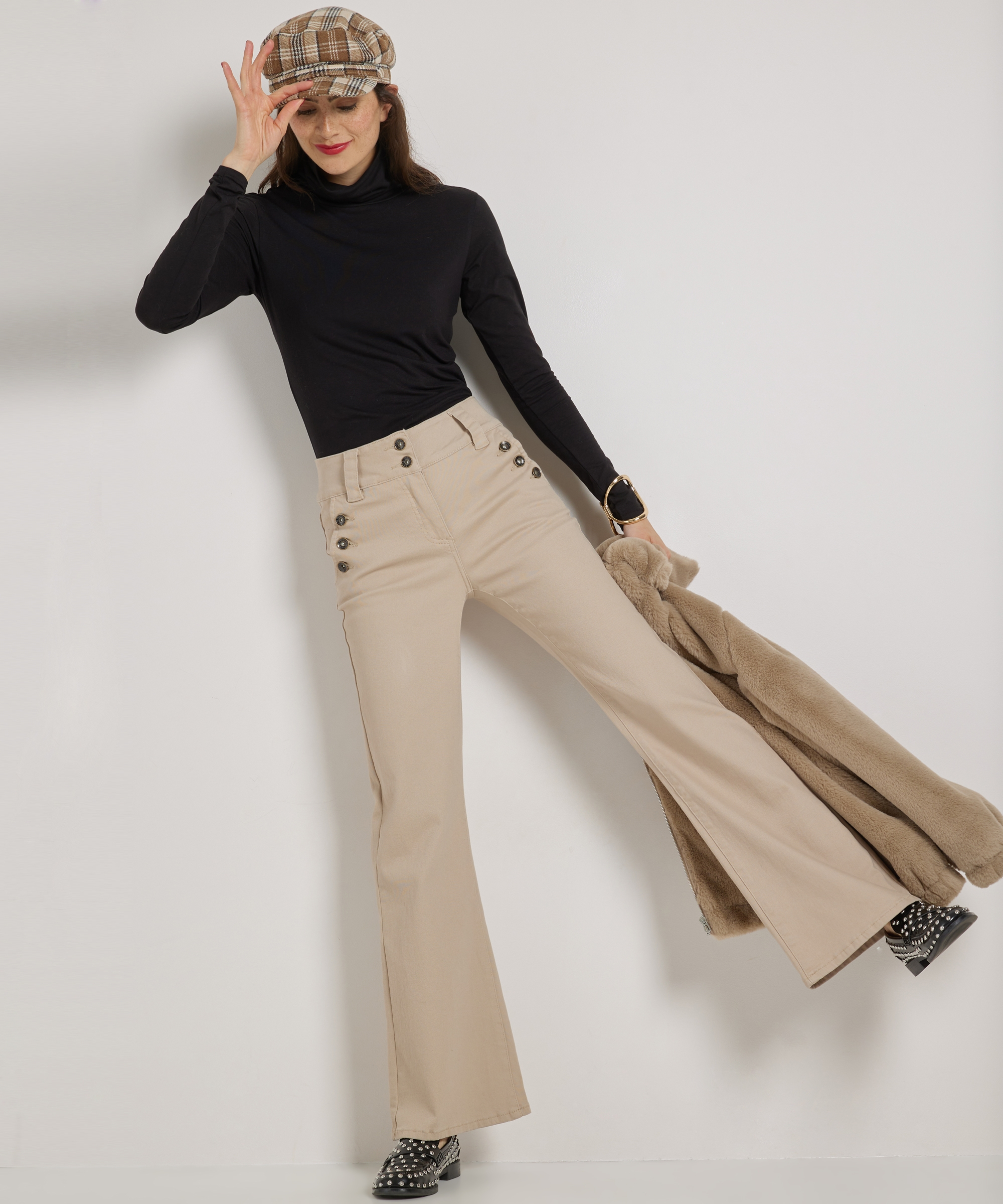 wide fit stretch twill broek knopen
