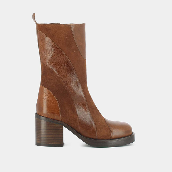 Bottes bi-matières à talons épais  en cuir et croute cognac