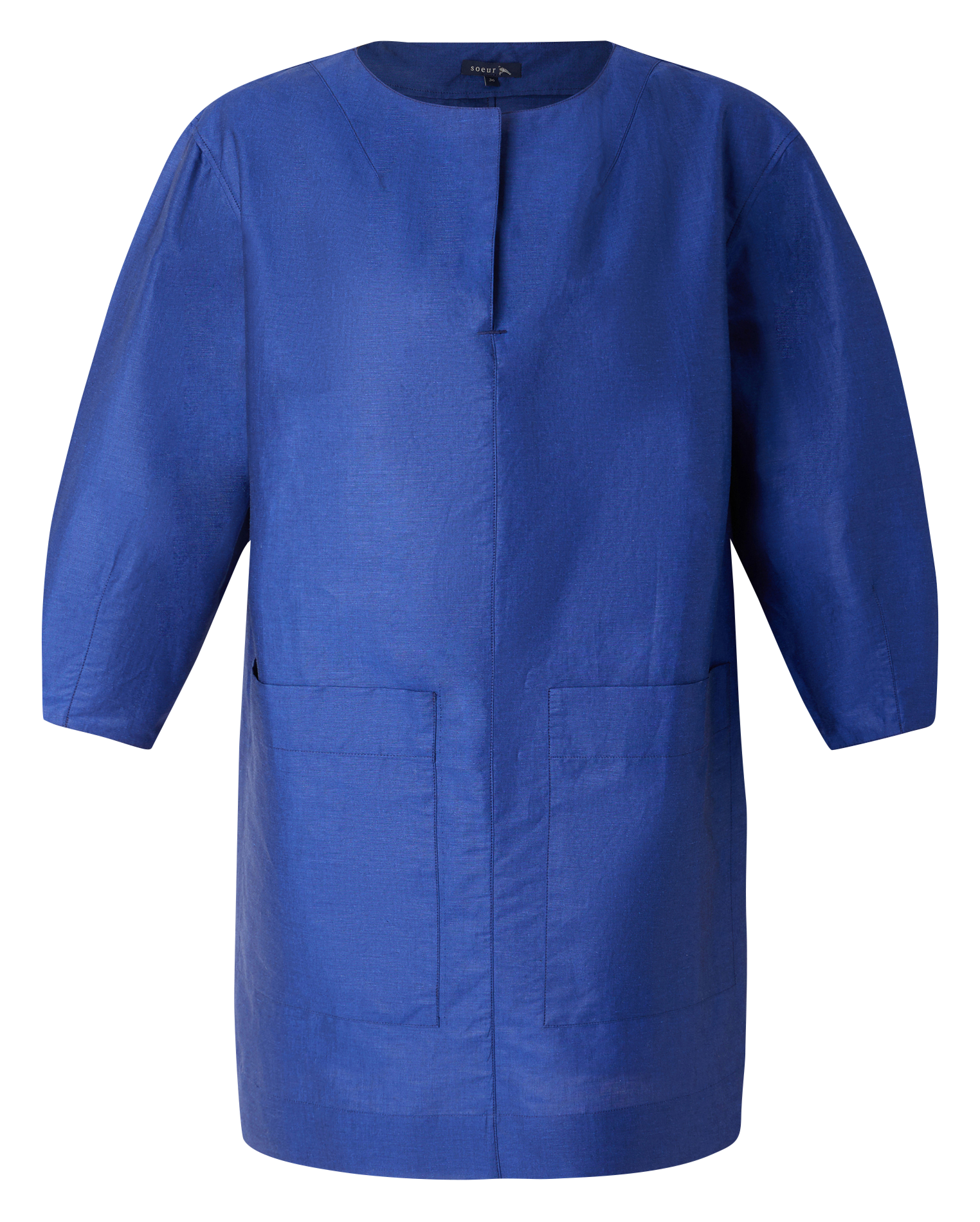 CYBELE - Robe courte ample col tunisien en lin et coton mélangé | Bleu