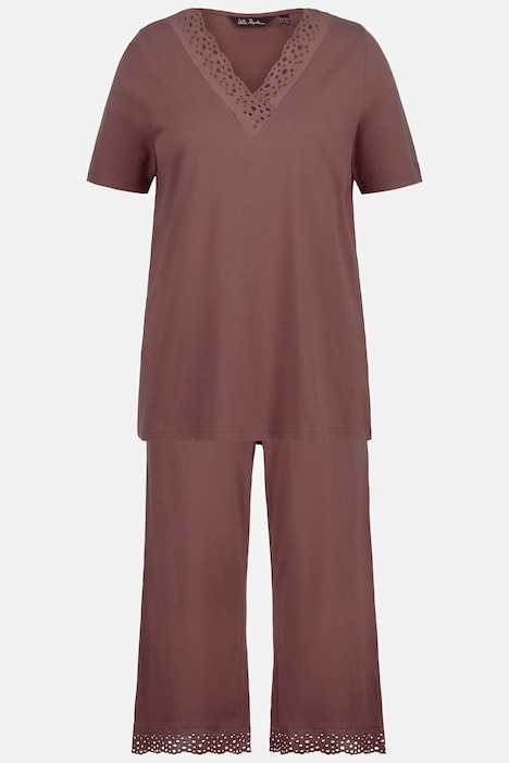 Pyjama, Lochstickerei, V-Ausschnitt, Halbarm, Modalmix