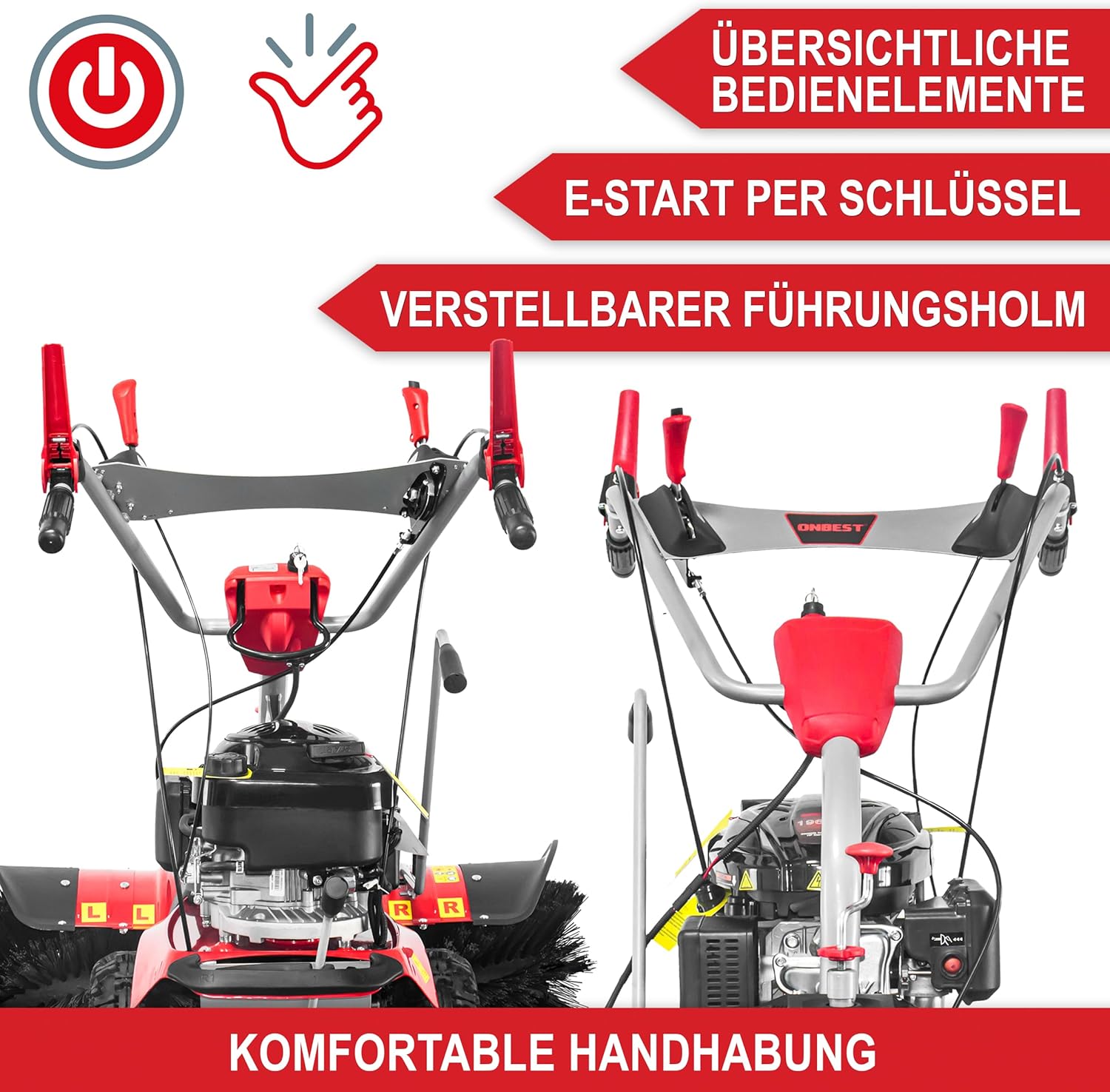 Kehrmaschine Benzin – TÜV Rheinland geprüft – GS-Zertifikat – 100 cm Kehrbürste – 196 cm3 Motor – inkl. Auffangbox Schneeschild – Maschine für große außen Flächen zum Schmutz & Schneeräumen