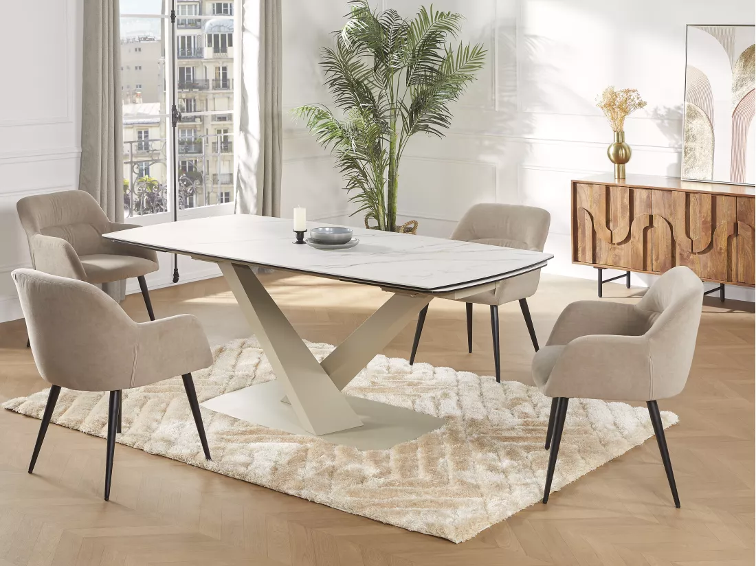 Table à manger extensible 6 à 10 personnes en verre trempé, céramique et métal - Effet marbre blanc et beige - MALATA de Maison Céphy