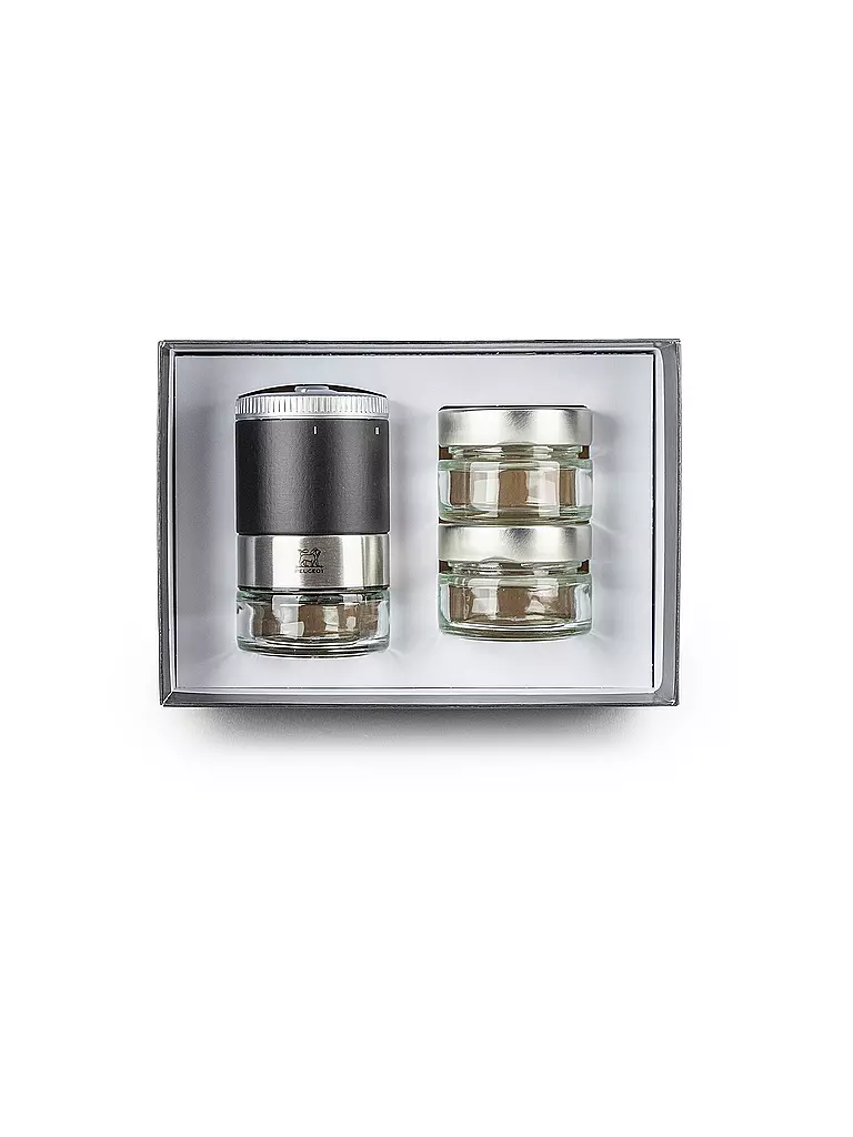 PEUGEOT Pfeffermühle U'Select, Pfefferbar, inkl. 3 Premium-Pfeffern im Vorratsglas, Rezeptbuch & Stift zur Beschriftung Schwarz Ma  schwarz