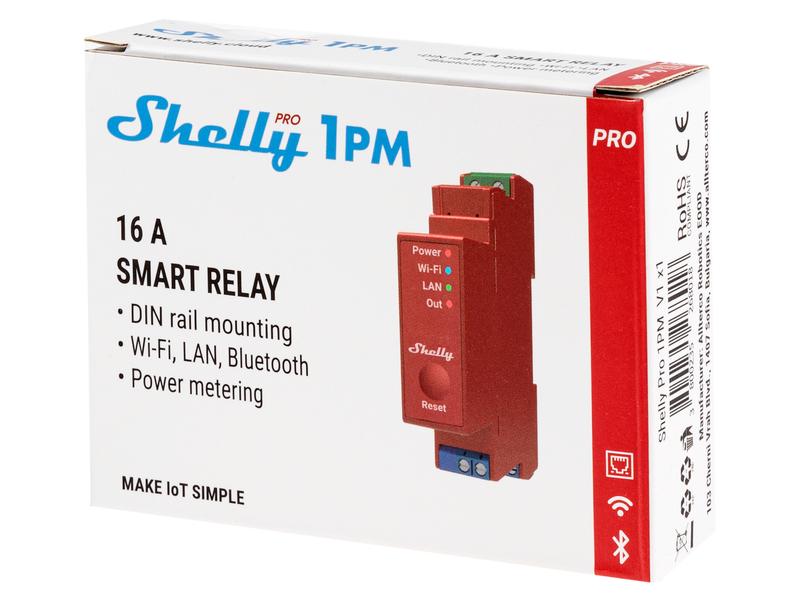 Shelly WLAN-Schaltaktor Shelly Pro 1PM mit Leistungsmessung DIN-Rail-WiFi-Switch mit Leistungsmessung, IP Relais mit Shelly Pro AddOn Schnittstelle