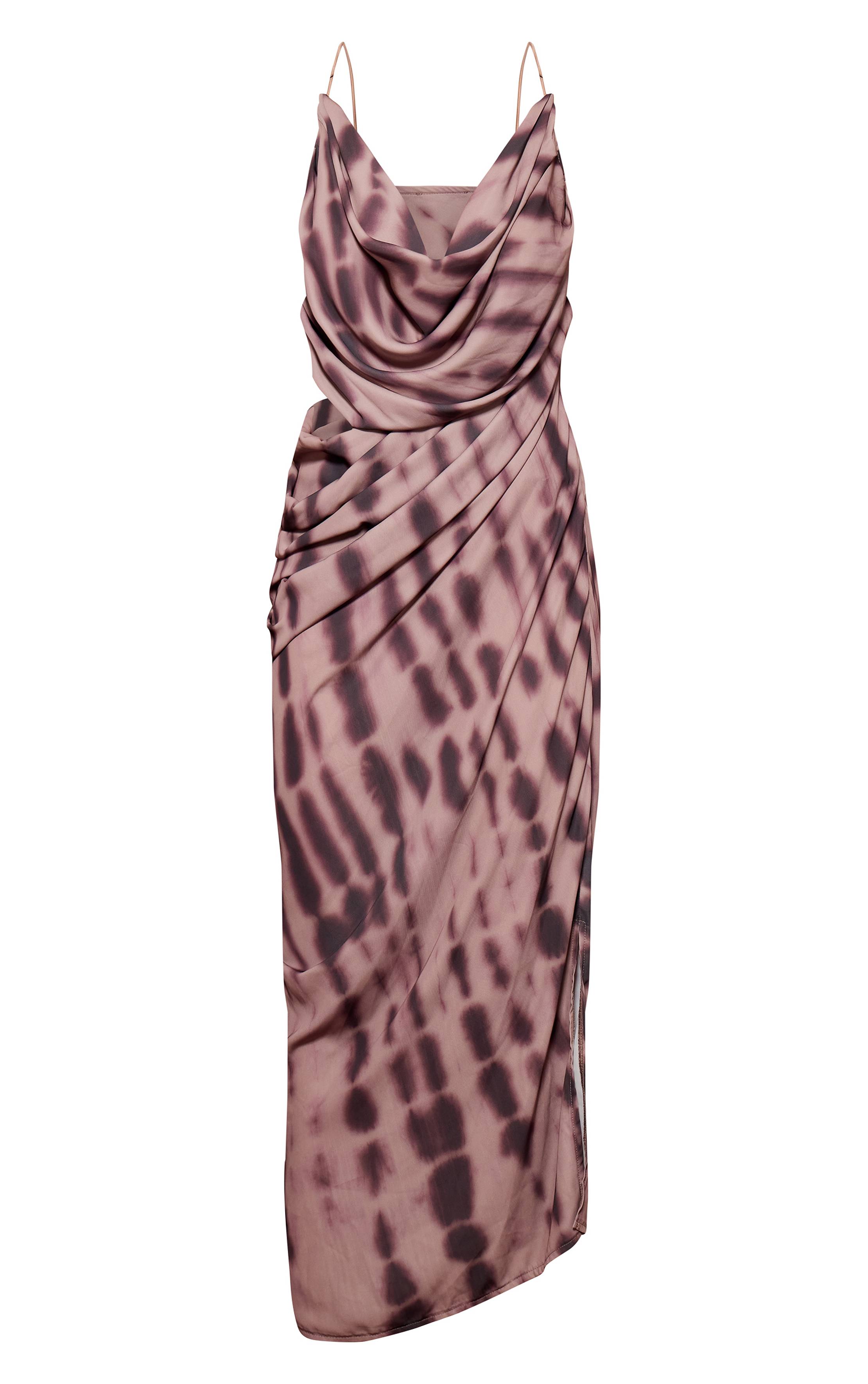 Marron Robe Midaxi En Mousseline À Imprimé Abstrait Avec Drapé Et Découpes