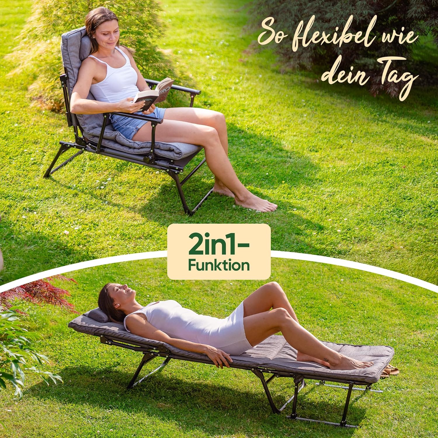 Sonnenliege klappbar [2 in 1 Gartenliege Wetterfest] Stuhlfunktion bis zu 200 KG Belastbar zum Sonnenbaden, Lesen, Entspannen Camping oder Garten