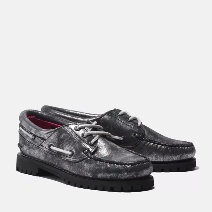 Chaussure bateau Noreen cousue main à 3 œillets pour femme en noir