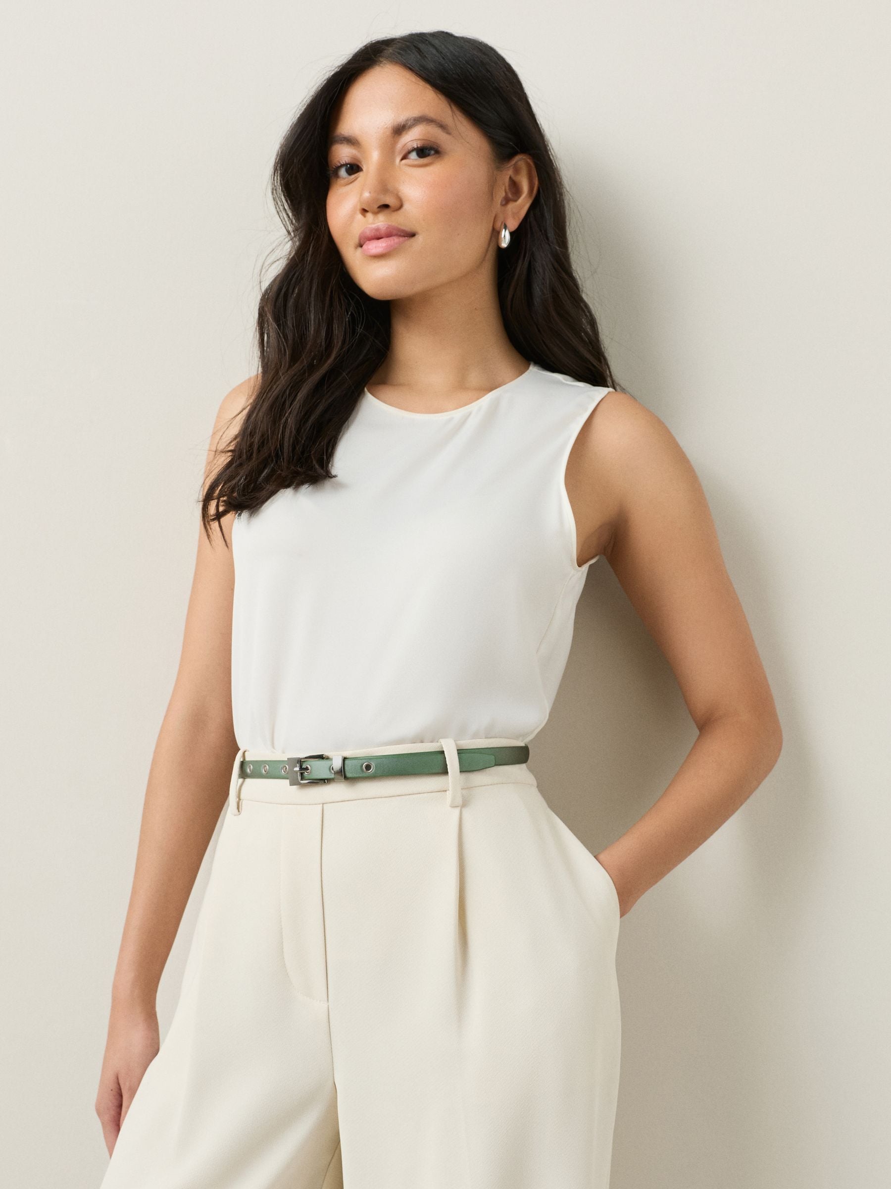 Grijs-groen - Satin Skinny Belt with Diamante Square Buckle