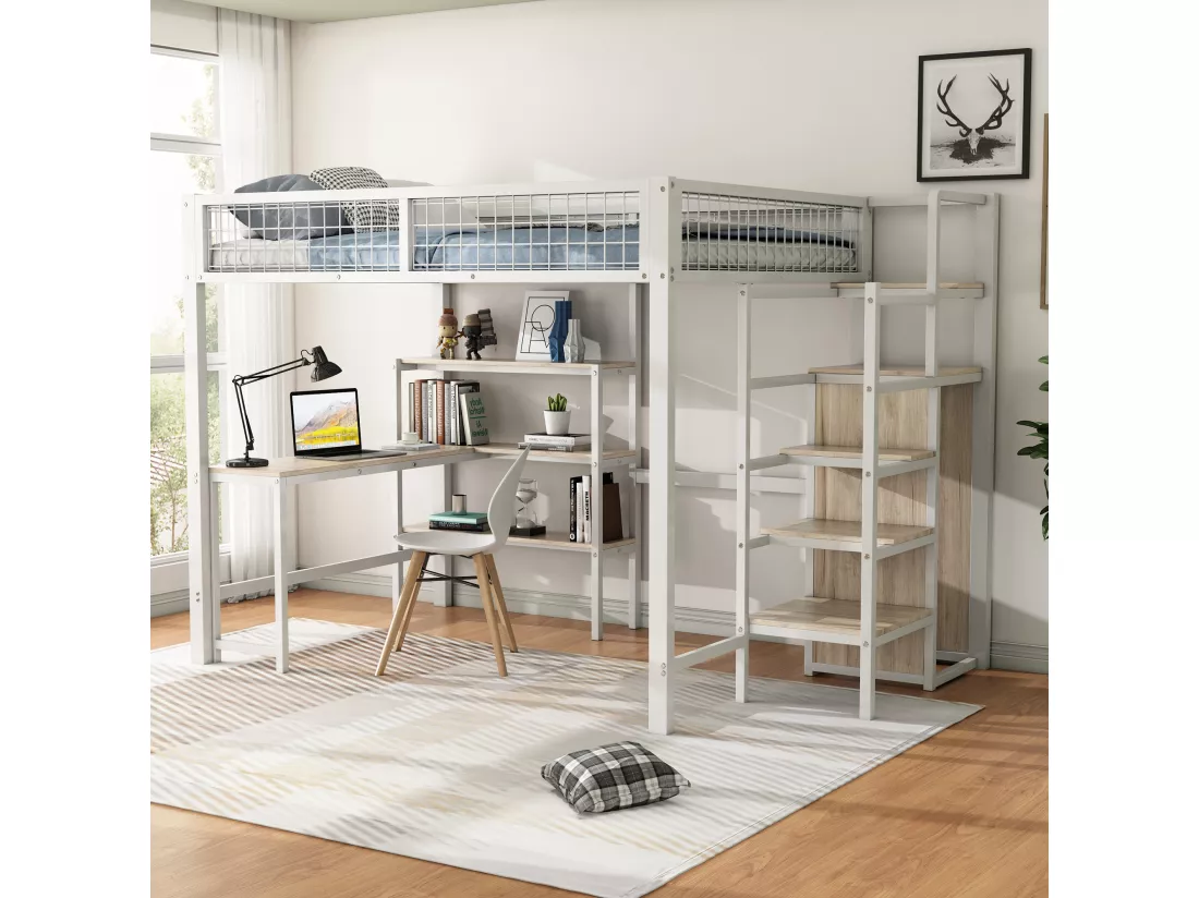 Lit mezzanine 140 x 200 cm avec bureau en L, armoire et étagères - Métal + MDF - Sommier à lattes - Blanc (sans matelas)