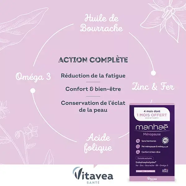 Manhaé Ménopause - Acide Folique, Omega 3 - 120 Capsules - 4 mois