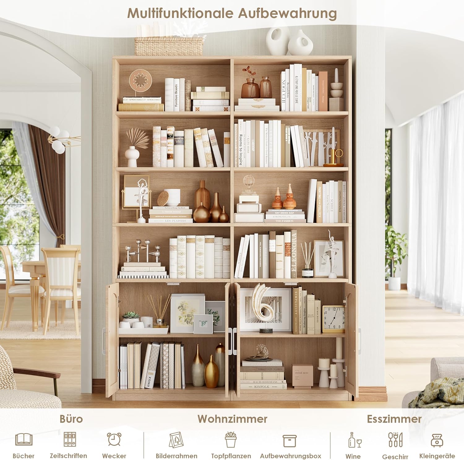 FirFurd 185,5 cm Bücherregal Bücherschrank mit Türen Regal 12 Fächern Vitrinenschrank Standregal Hochschrank für Wohnzimmer Büro Küche 115 x 27 x 185,5 cm Eiche