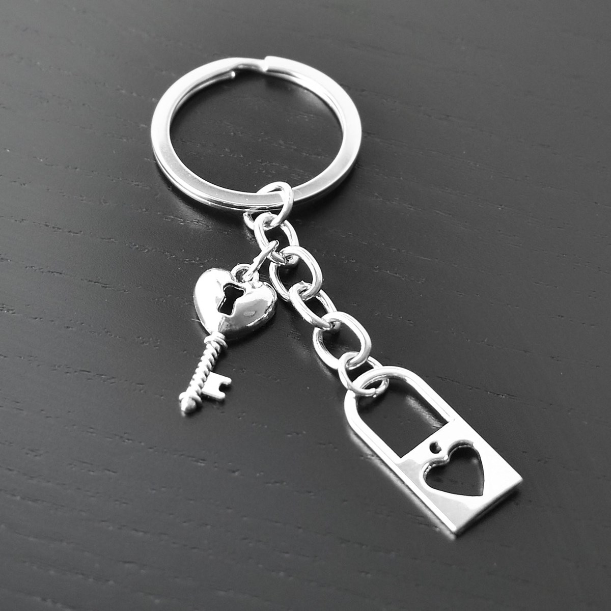 Porte-clés cadenas et clé coeur argenté