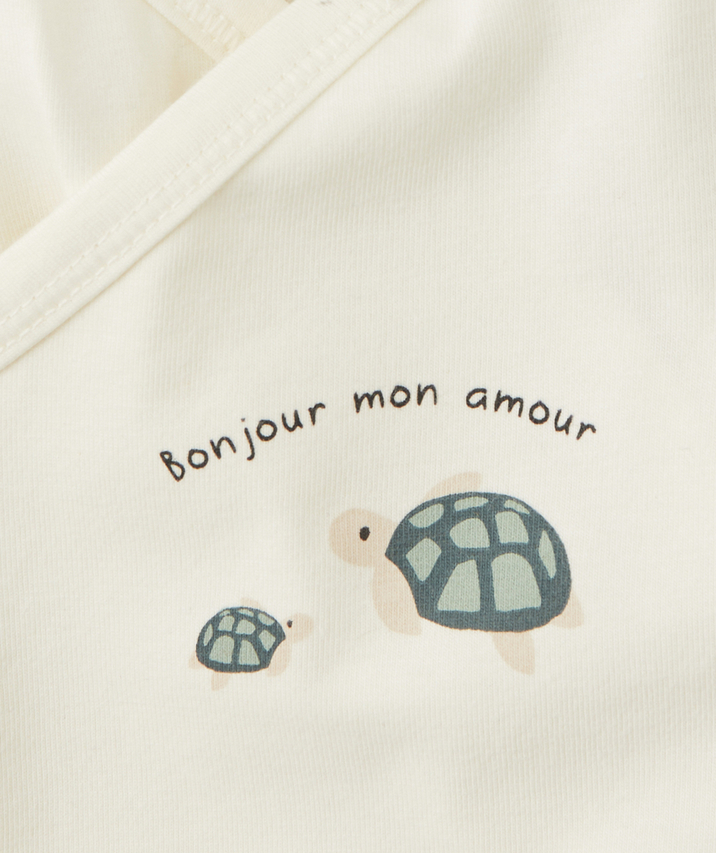 LOT DE 3 BODIES EN COTON BIO ÉCRU BEIGE ET IMPRIMÉ VERT À RAYURES