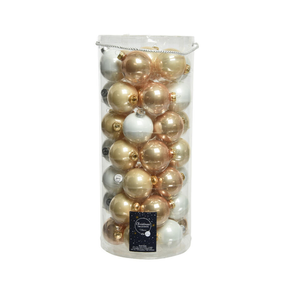 Decoris Kerstballen - 49st - glas - champagne-bruin-wit - 6 cm