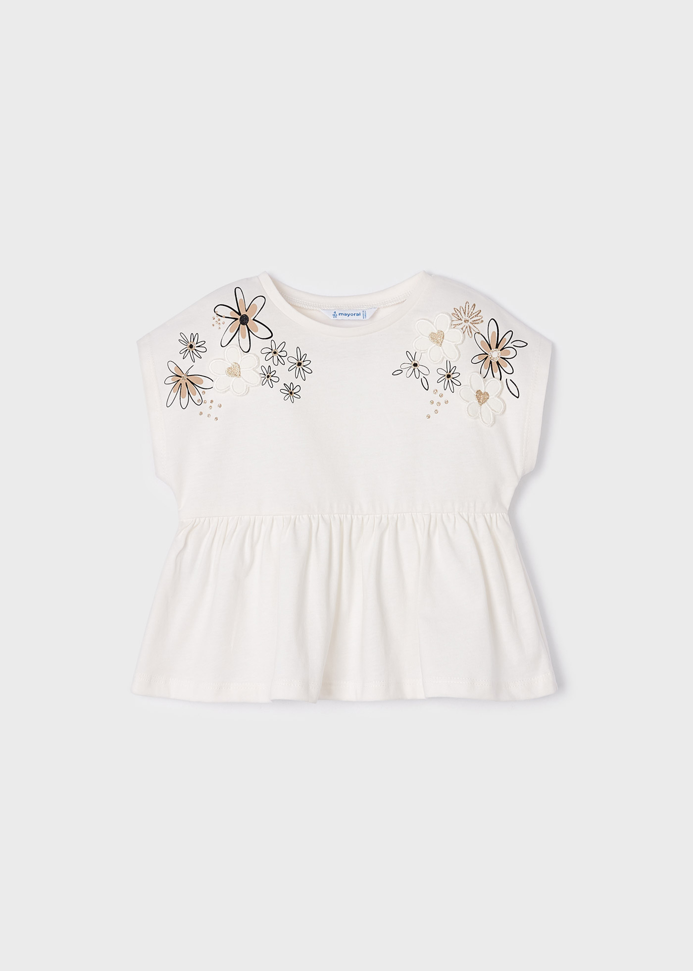 Camiseta de manga curta com bordado em algodão sustentável para meninas