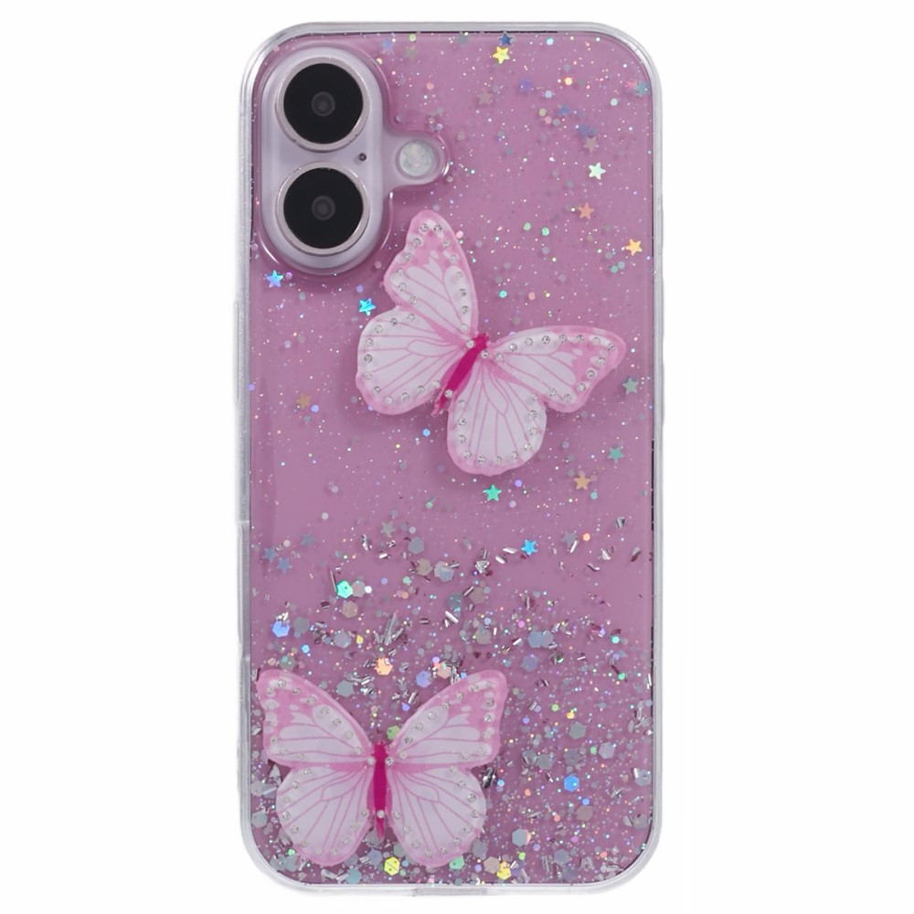 iPhone 16 Hybrid Hardcase Schutzhülle im Glitzer Design Schmetterling - Rosa / Transparent