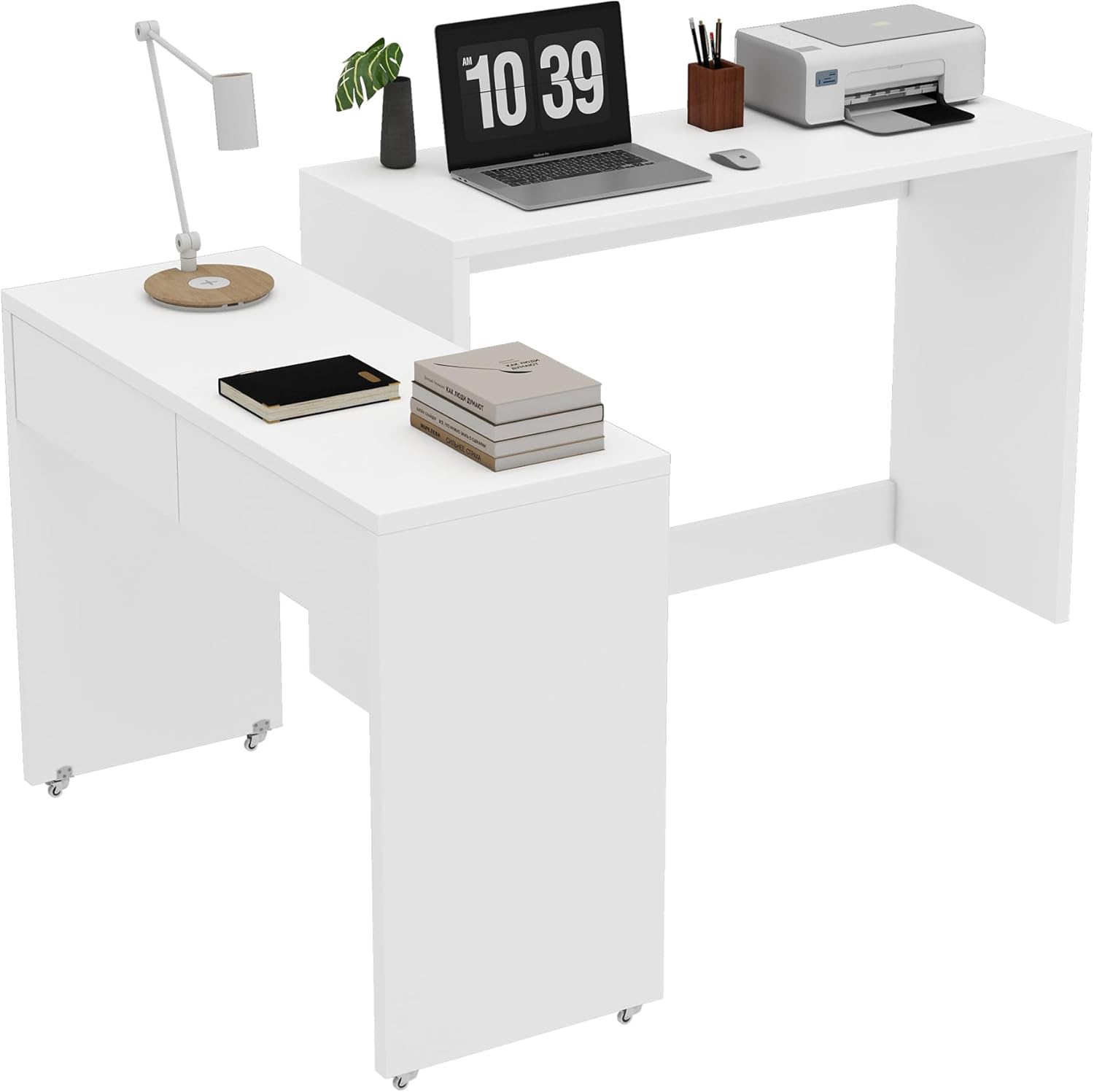 Faltbarer Schreibtisch, Schreibtisch mit Schubladen, Eckschreibtisch, Sideboard, Regalschreibtisch, 2-in-1 Kompaktschreibtisch, Ausziehbar, Rollen Ausgestattet, 110×40×78cm (Weiß)