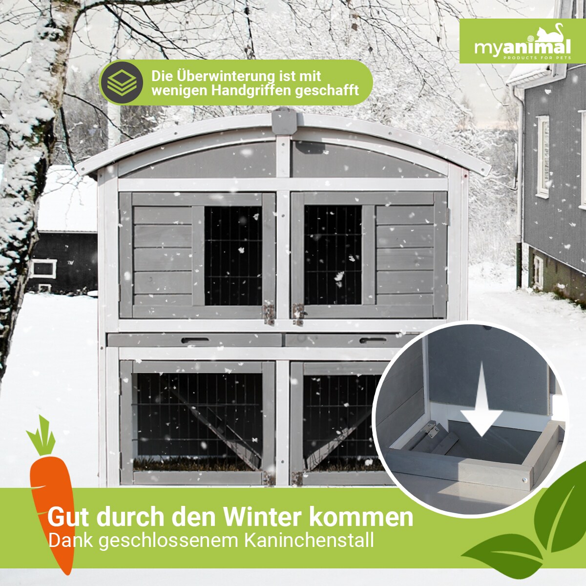 MyAnimal Hasenstall MH-33, 2-stöckig, Bogendach aufklappbar, wetterfester Kaninchenstall, Holz, Grau