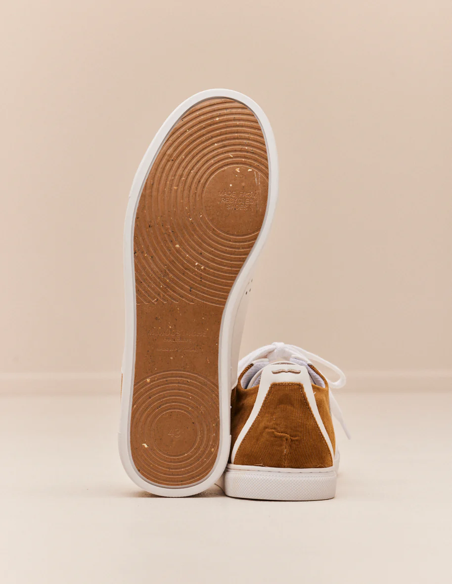 Baskets basses René - Cuir blanc et velours côtelé beige