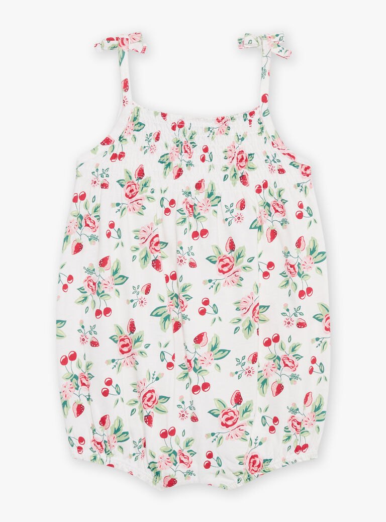 Barboteuse blanche et rouge en jersey à imprimé cerises, fraises et bouquet de fleurs