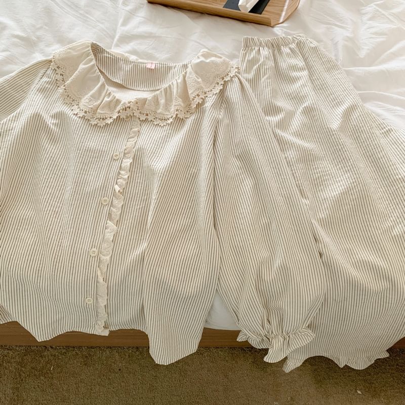 Tanee - Bijpassende pyjamaset voor koppels: top met lange mouwen en knopen + broek met rechte pijpen (verschillende ontwerpen)