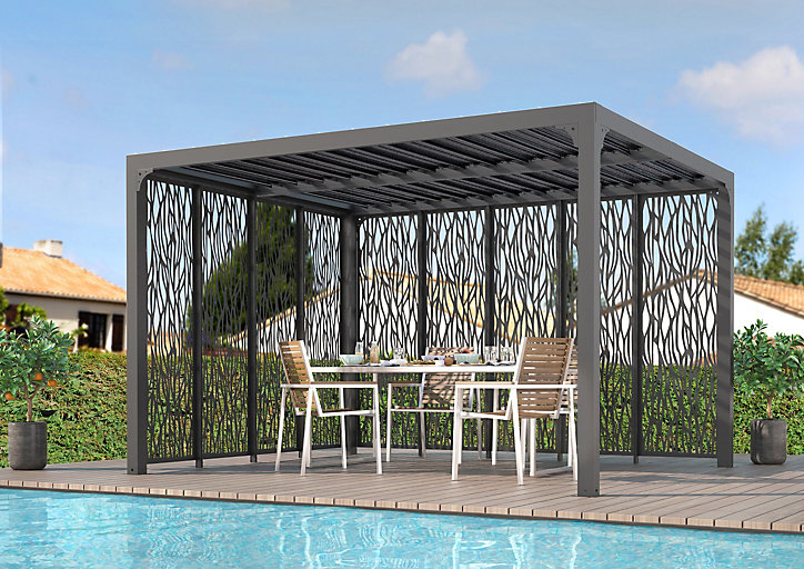 Pergola bioclimatique autoportante manuelle aluminium Habrita PER36M30MBI gris 3,60 x 3 m avec 2 côtés moucharabieh gris