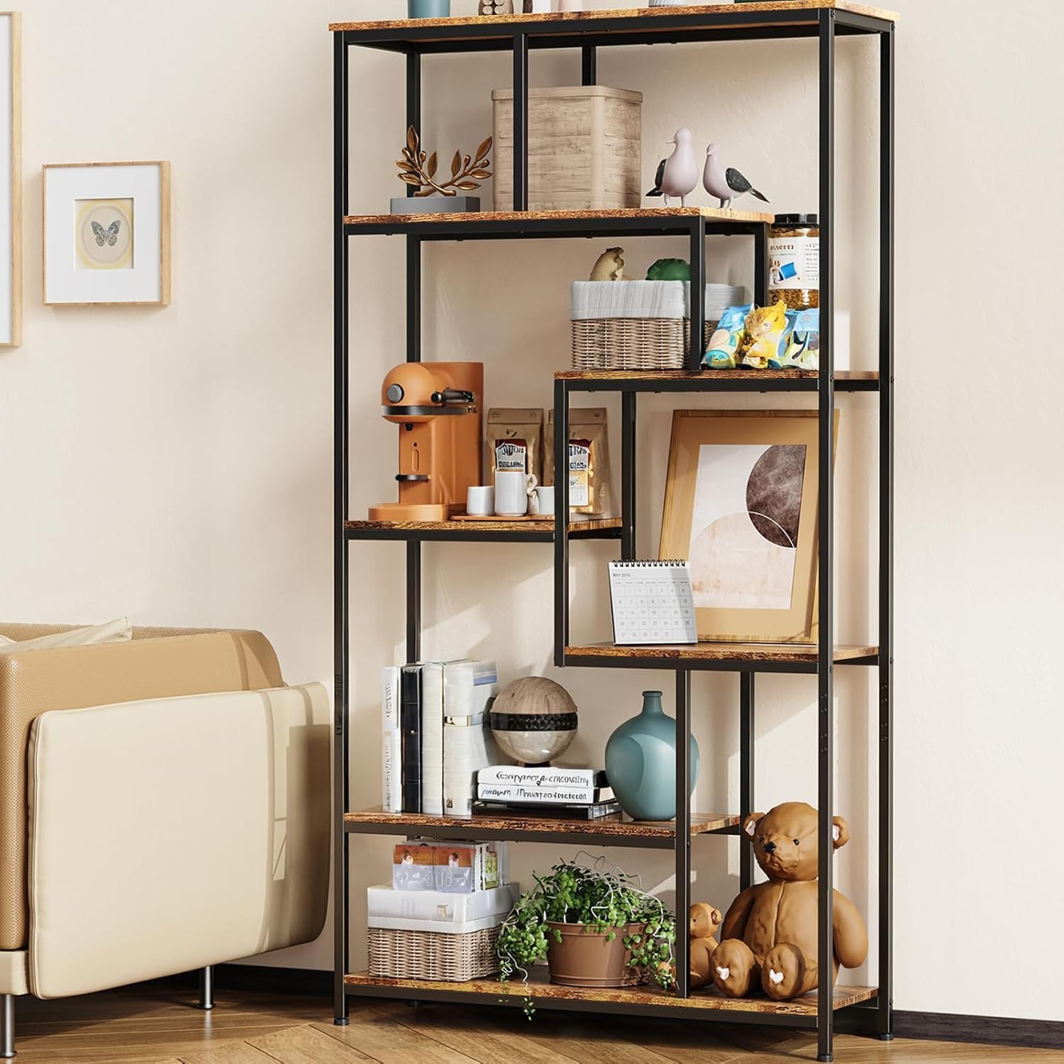 Bealife Bücherregal, 5-stöckiges Versetztes Bücherregal. Offenes Freistehendes Regal für Wohnzimmer, Industriedesign, 98 x 30 x 180 cm, Büro, Arbeitszimmer, Retro OR4751734