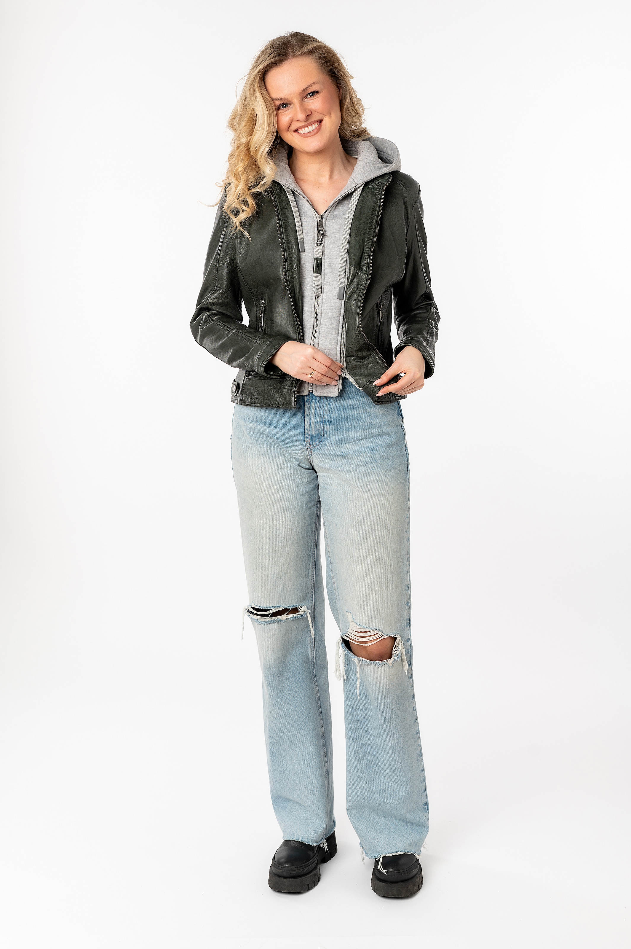 Mauritius Lederjacke »MWAleni« mit Kapuze mit Jerseykapuze und Stehkragen