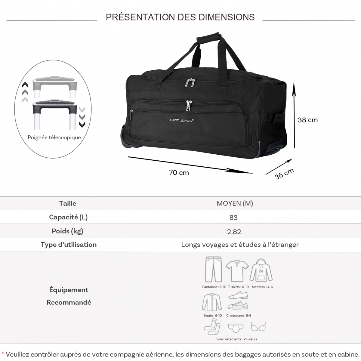 David Jones Sac de voyage avec roulettes 83L David Jones polyester taille L 70cm