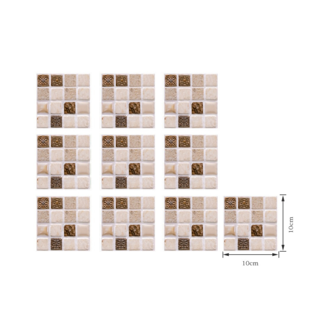 (10er Set) 10x10cm Mosaik Sticker Selbstklebende Deko Kacheln für Küche / Badezimmer - Beige / Bronze