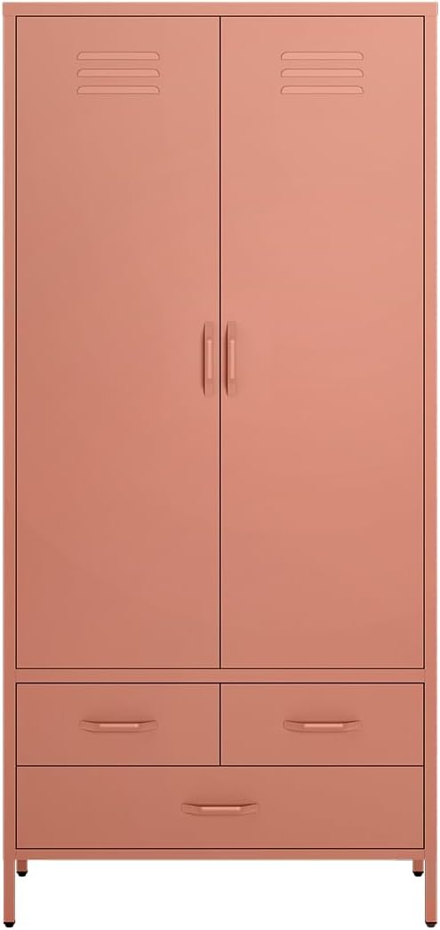 skølm Atria Kleiderschrank Metall – Metallschrank mit 6 Fächern, 2 Kleiderstangen & 3 Schubladen – Garderobenschrank in Terrakotta – Metallkleiderschrank 80 cm breit – Schlafzimmerschrank/Flurschrank