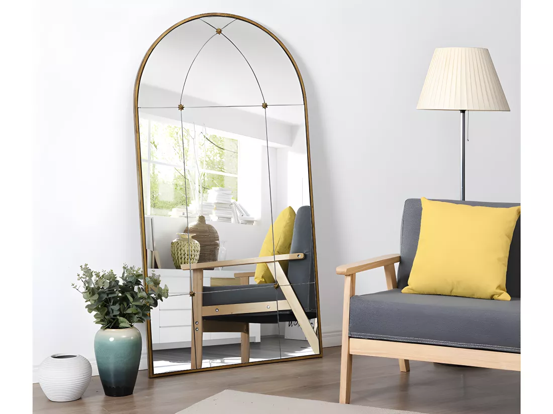 Miroir fenêtre vintage en métal - L. 80 x H. 150 cm -Doré antique - PALMYRE