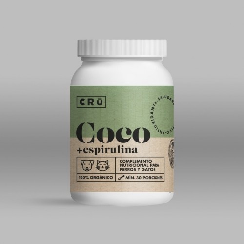 Suplemento nutricional CRU com sabor de coco para animais de estimação.