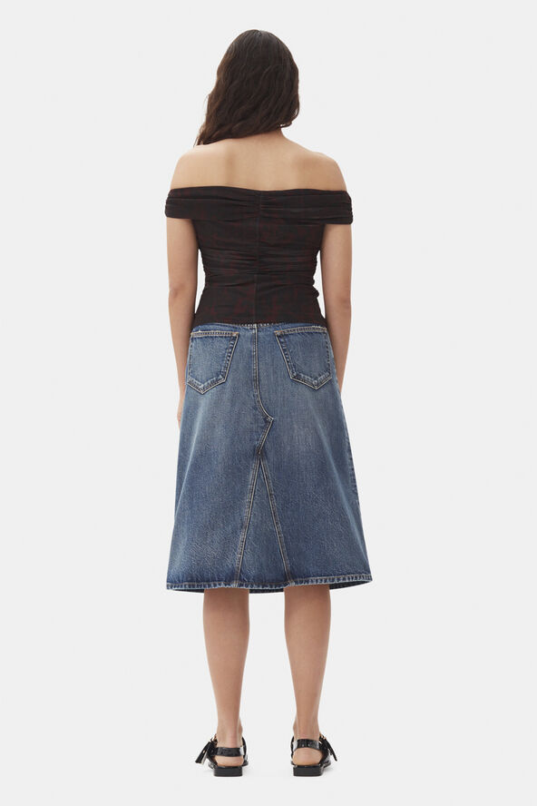 Ganni Heavy Washed Denim Midi Skirt Mid blue vintage