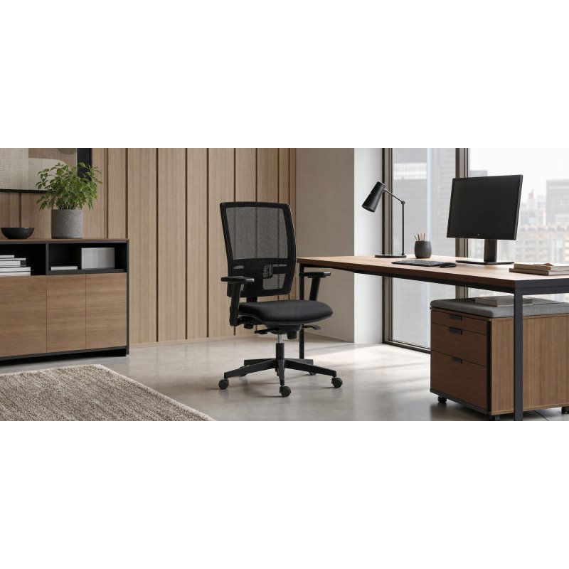 Chaise de bureau Bruneau Activ' - Tissu et maille - Dossier haut avec soutien lombaire - Pieds noirs